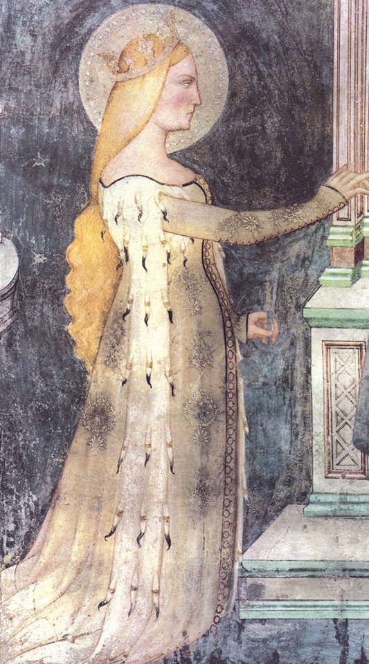 affresco del 1380 di artista anonimo, (proveniente da Mocchirolo), indossa una veste di tessuto dorato operato a fiori di cardo, chiusa anteriormente da bottoni